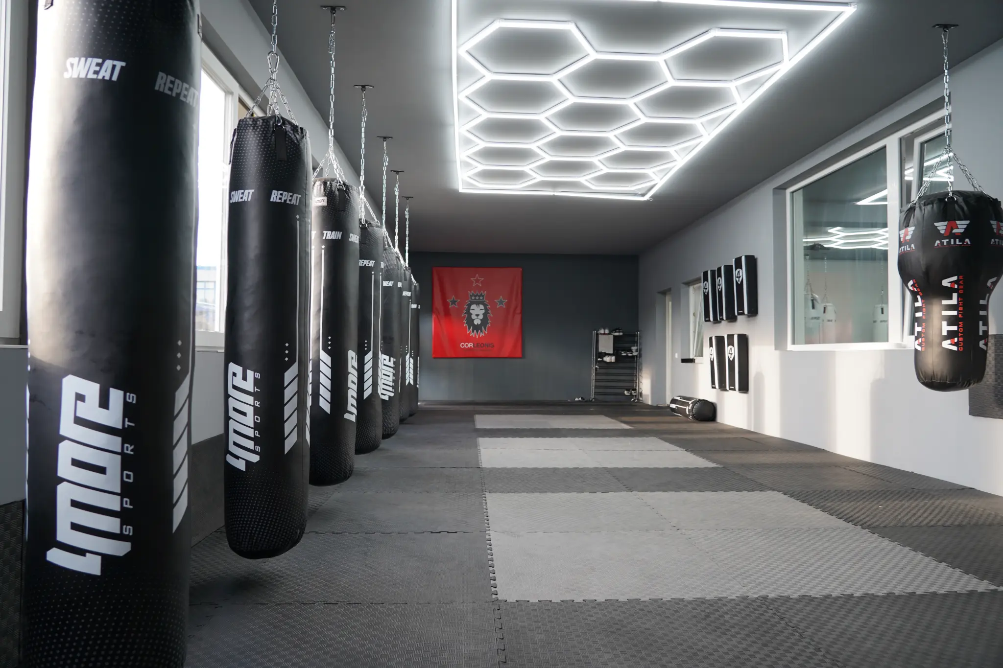 Sandsackreihe und Trainingsfläche im CorLeonis Studio Gießen